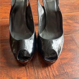 Stuart Weitzman Black Patent Peep-Toe Slingbacks